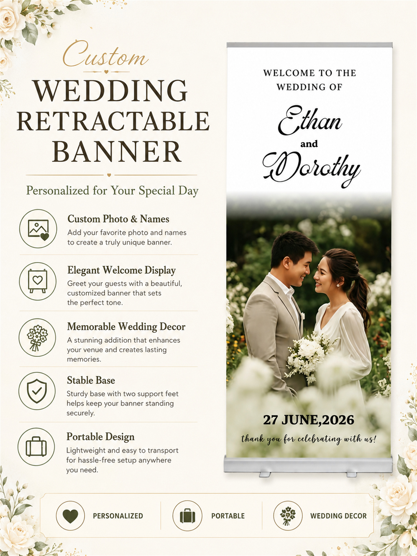 婚礼定制伸缩横幅 – 个性化婚礼欢迎牌、接待装饰和背景幕布